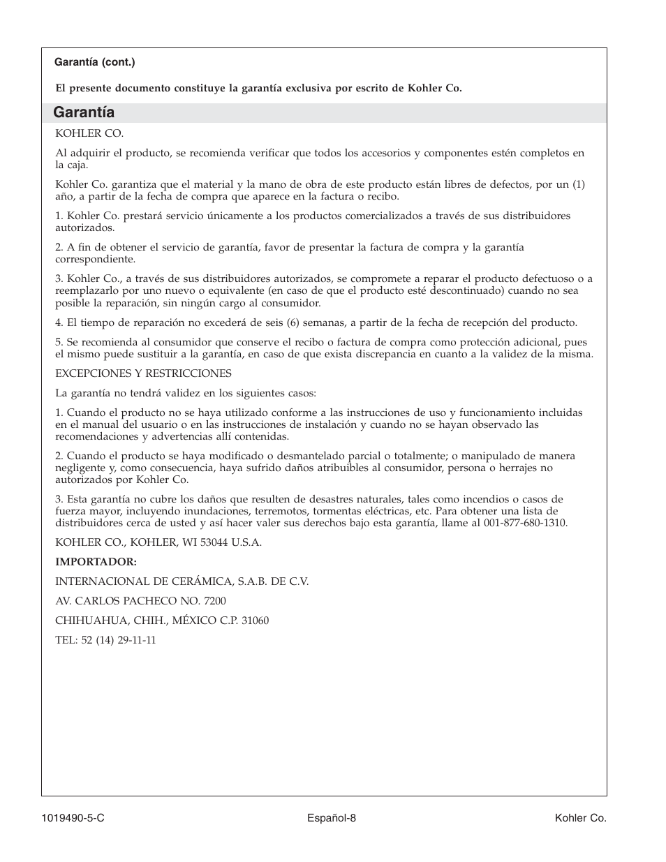 Garantía | Kohler Bath Whirlpool K-812-N1 User Manual | Page 44 / 56