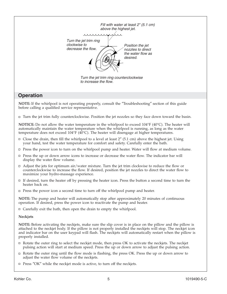 Operation | Kohler Bath Whirlpool K-812-N1 User Manual | Page 5 / 56
