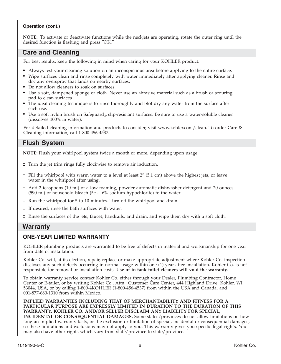 Care and cleaning, Flush system, Warranty | Kohler Bath Whirlpool K-812-N1 User Manual | Page 6 / 56