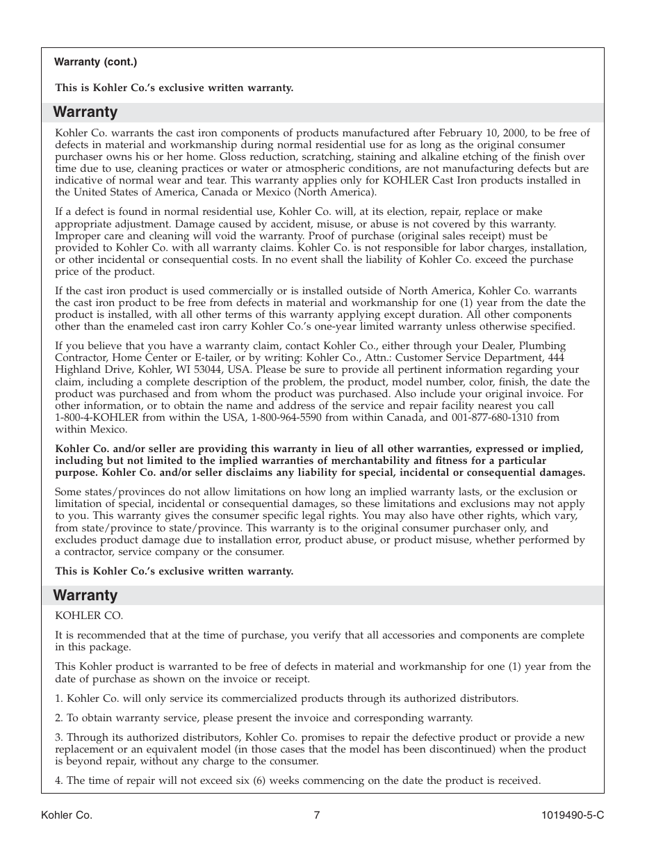 Warranty | Kohler Bath Whirlpool K-812-N1 User Manual | Page 7 / 56