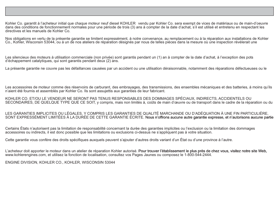 Garantie limitée de 3 ans moteurs diesel kohler | Kohler KD625-2 User Manual | Page 119 / 136