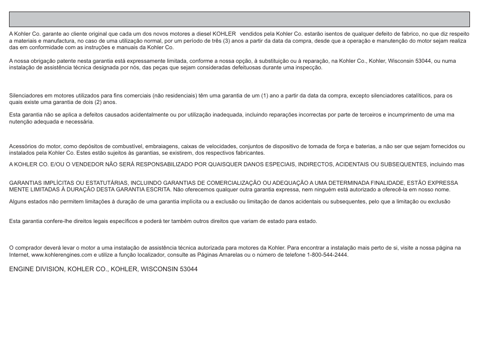 Garantia limitada de 3 anos kohler, Para motor a diesel | Kohler KD625-2 User Manual | Page 131 / 136