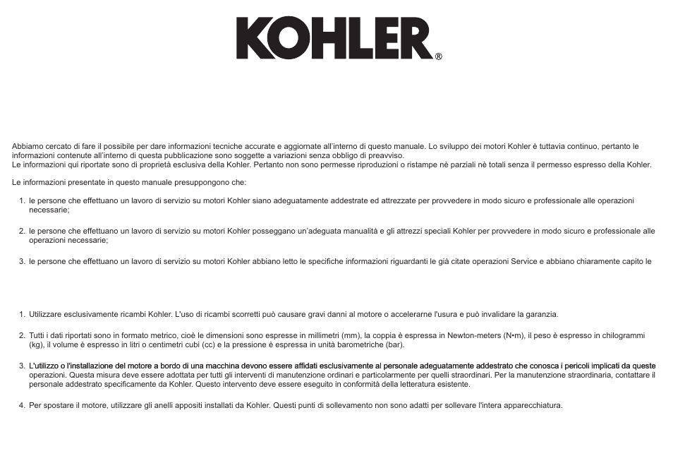 Premessa | Kohler KD625-2 User Manual | Page 23 / 136