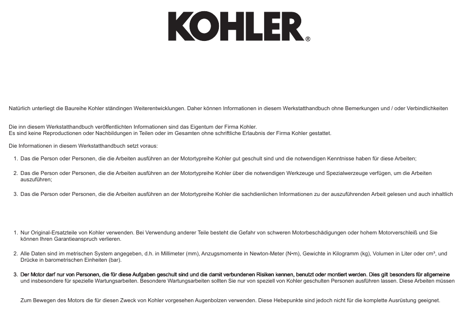 Einleitung, Generelle informationen zu dem werkstatthandbuch | Kohler KD625-2 User Manual | Page 25 / 136