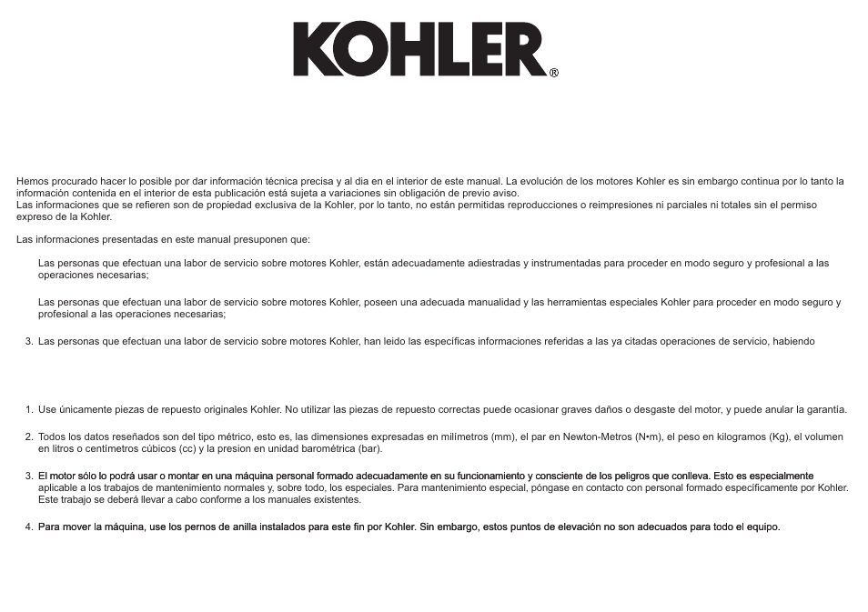 Premisa, Notas generales servicio | Kohler KD625-2 User Manual | Page 26 / 136