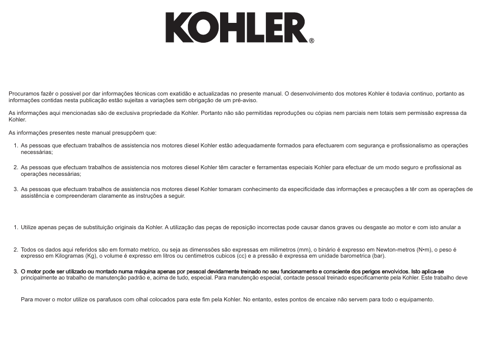 Preâmbulo, Notas gerais de serviço | Kohler KD625-2 User Manual | Page 27 / 136