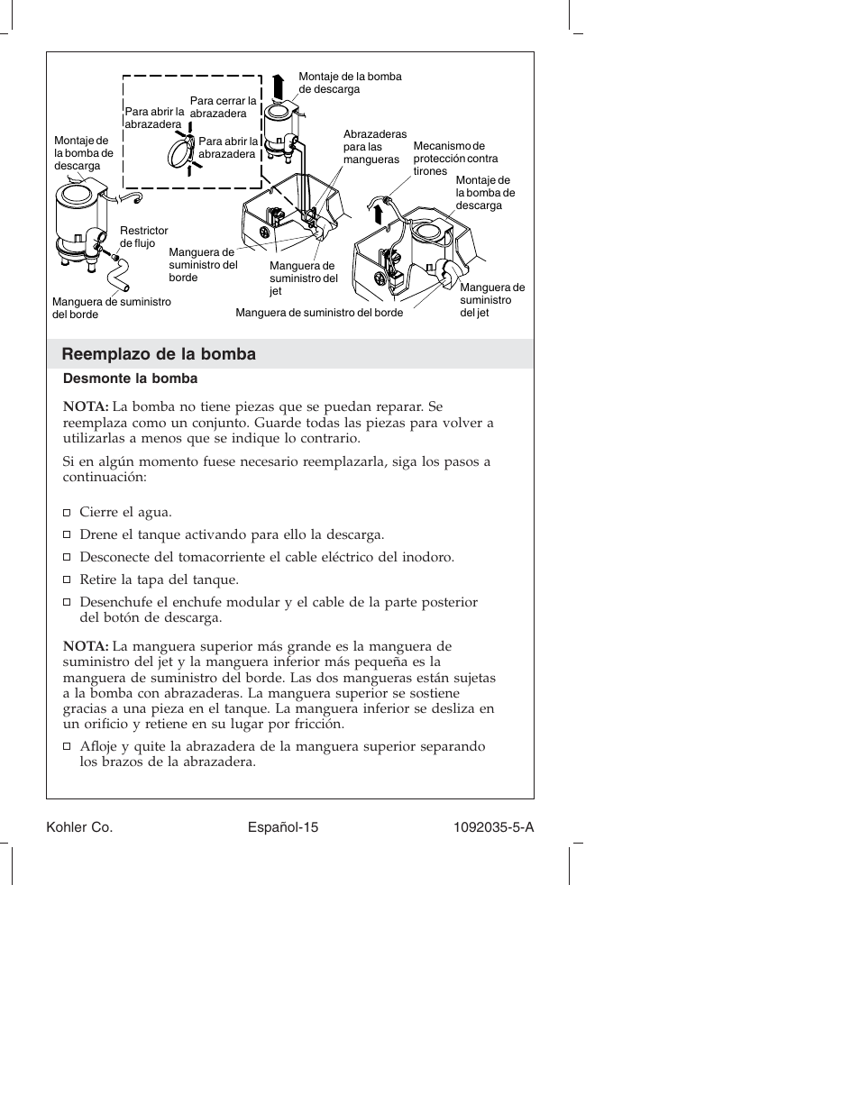Reemplazo de la bomba | Kohler Toilet and Bidet Seat K-3607 User Manual | Page 63 / 76