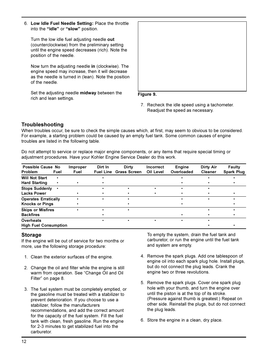 Troubleshooting, Storage | Kohler K582 User Manual | Page 12 / 17