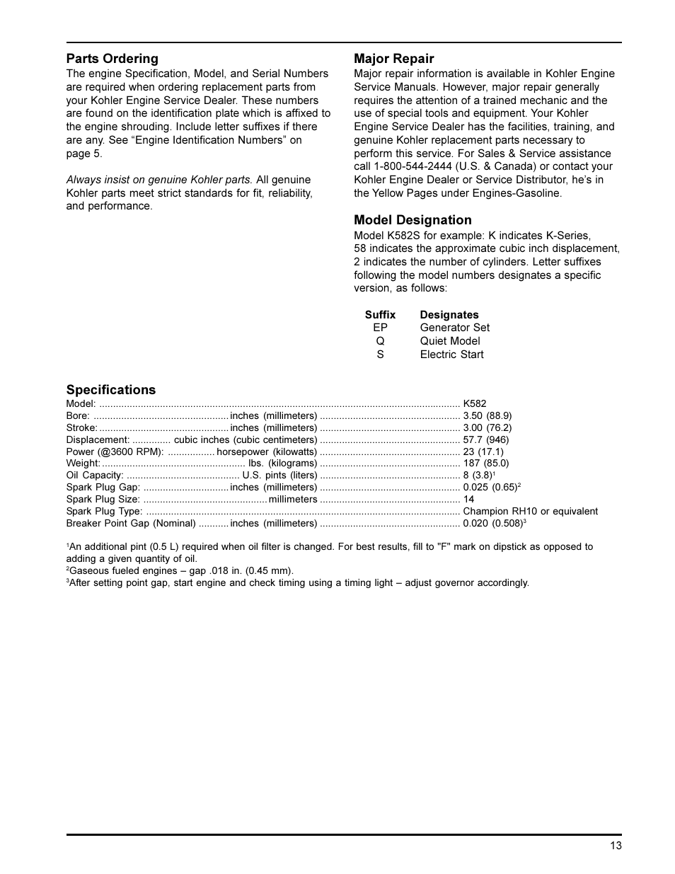 Parts ordering, Major repair, Model designation | Specifications | Kohler K582 User Manual | Page 13 / 17