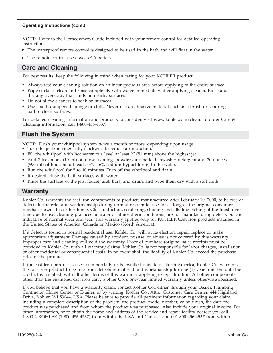 Care and cleaning, Flush the system, Warranty | Kohler Bath Whirlpool 1199250-2-A User Manual | Page 12 / 52