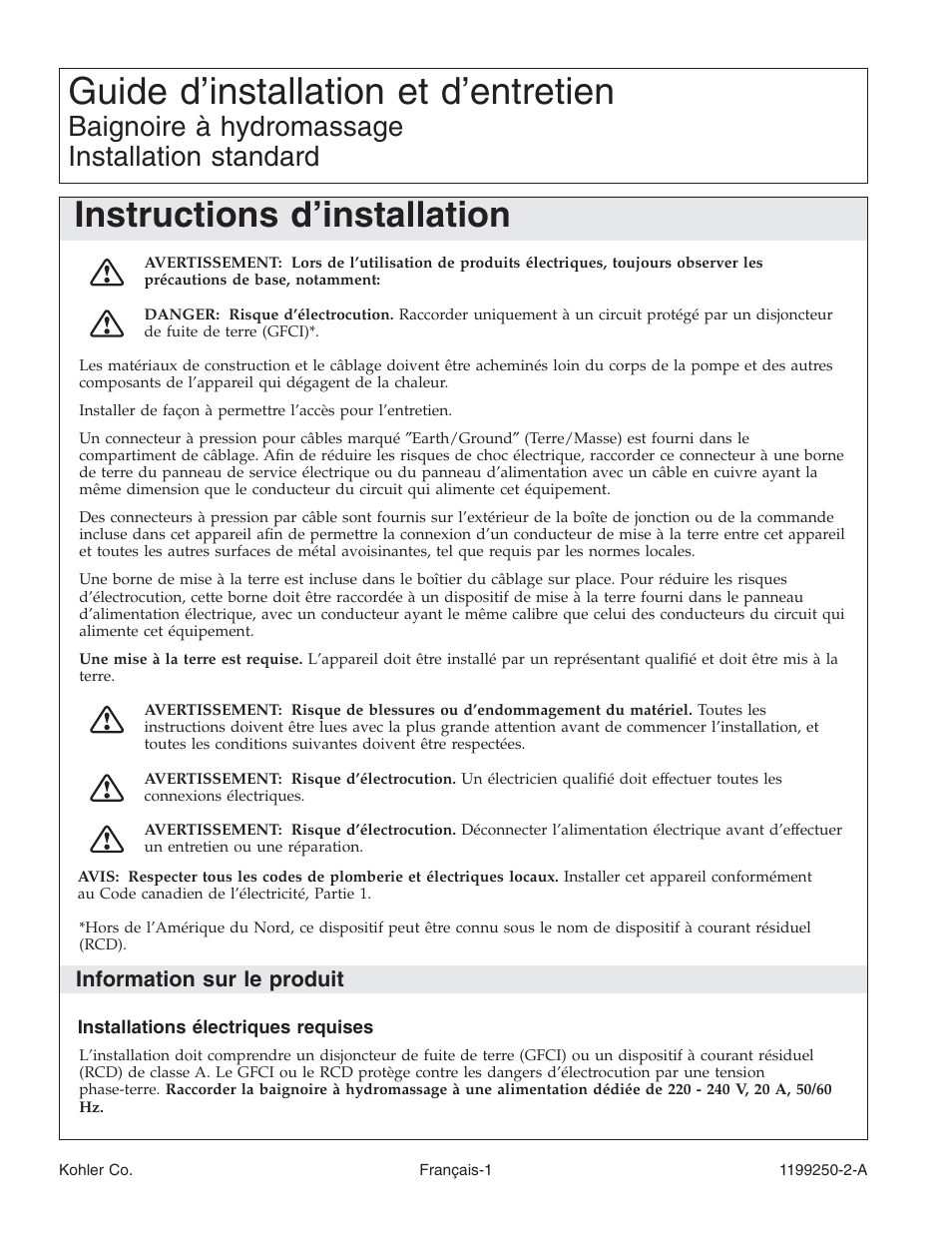Guide d’installation et d’entretien, Instructions d’installation, Baignoire à hydromassage installation standard | Information sur le produit | Kohler Bath Whirlpool 1199250-2-A User Manual | Page 18 / 52