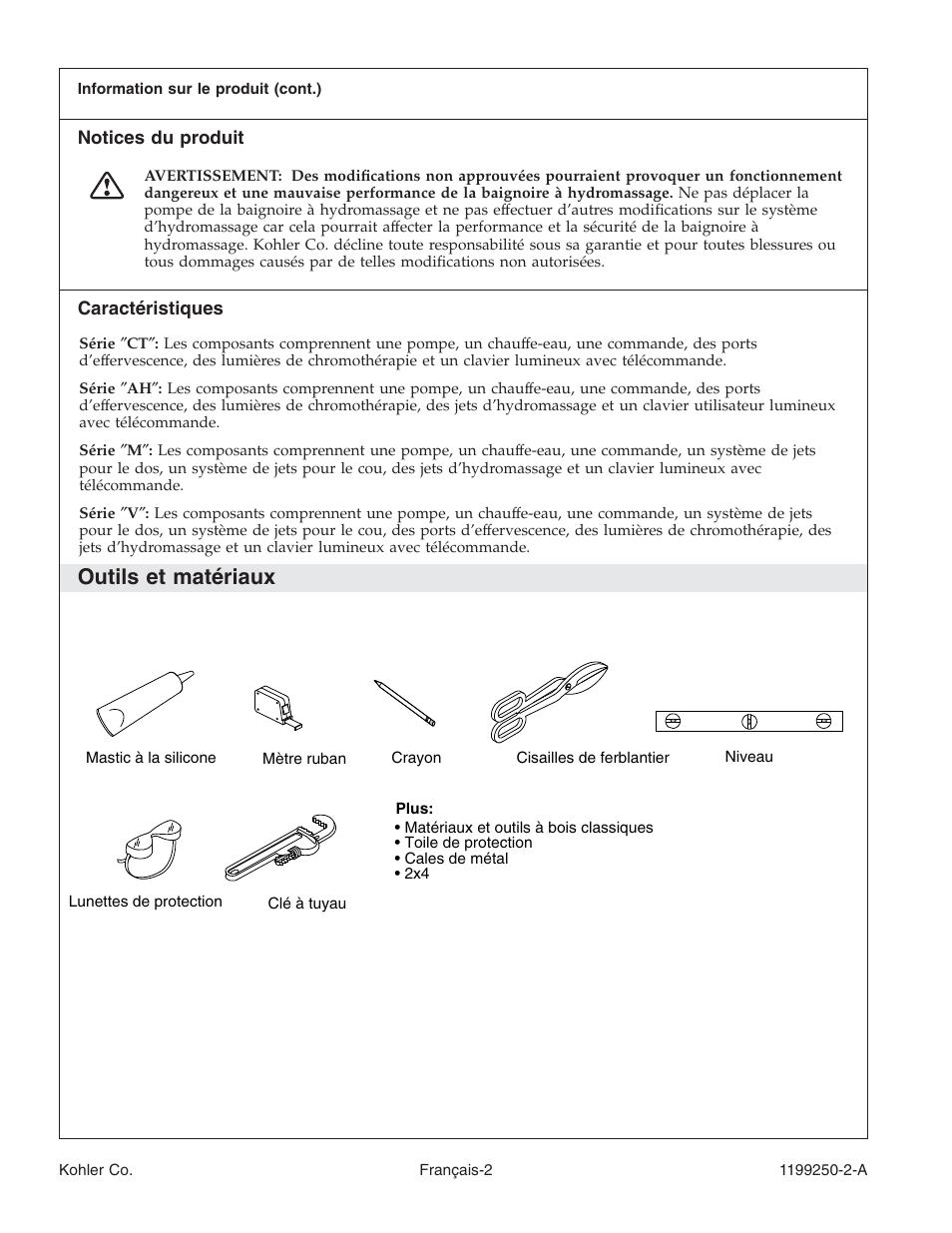 Outils et matériaux | Kohler Bath Whirlpool 1199250-2-A User Manual | Page 19 / 52