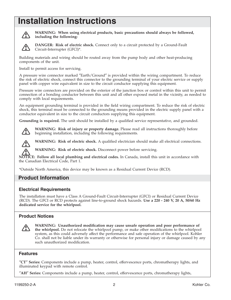 Installation instructions, Product information | Kohler Bath Whirlpool 1199250-2-A User Manual | Page 2 / 52