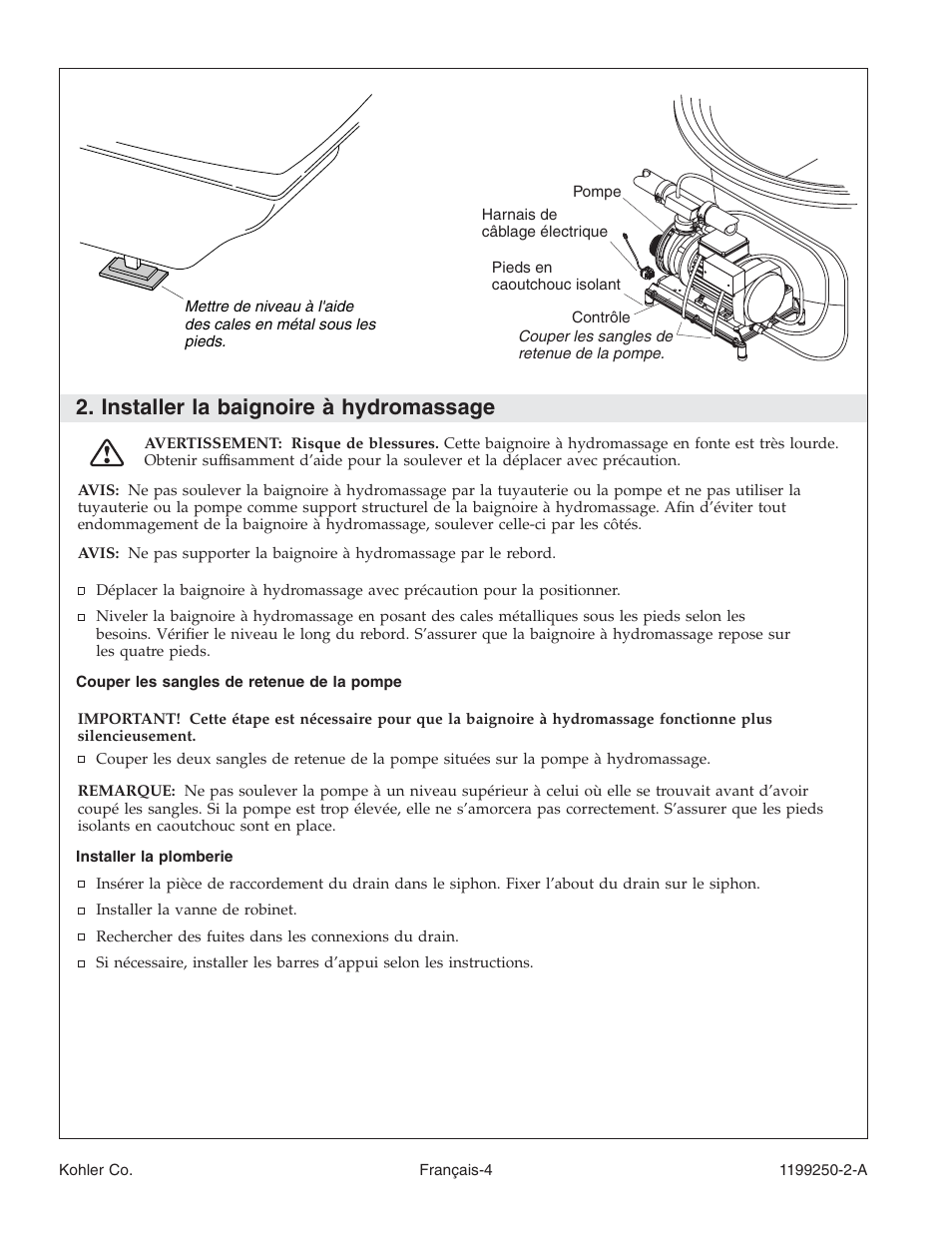 Installer la baignoire à hydromassage | Kohler Bath Whirlpool 1199250-2-A User Manual | Page 21 / 52