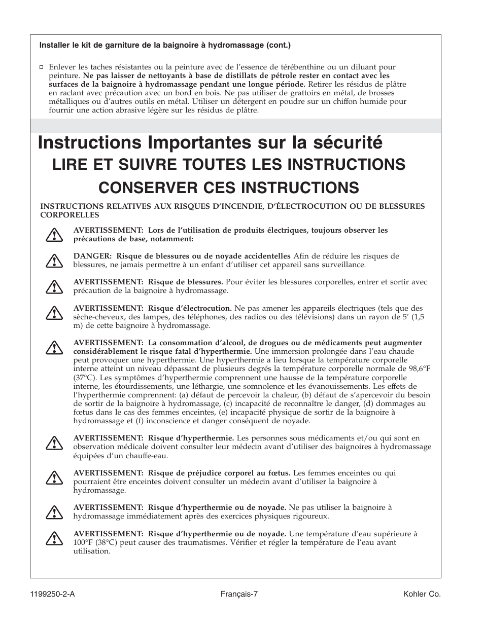 Instructions importantes sur la sécurité | Kohler Bath Whirlpool 1199250-2-A User Manual | Page 24 / 52