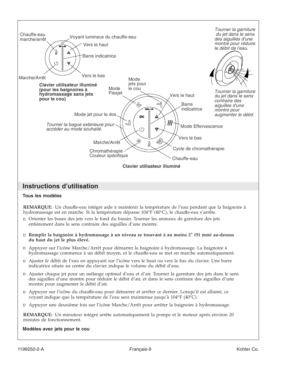 Instructions d’utilisation | Kohler Bath Whirlpool 1199250-2-A User Manual | Page 26 / 52