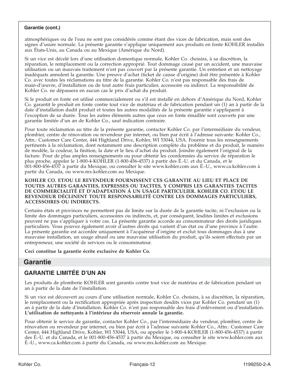 Garantie | Kohler Bath Whirlpool 1199250-2-A User Manual | Page 29 / 52