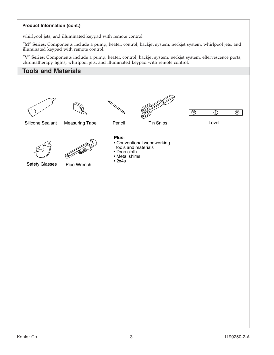 Tools and materials | Kohler Bath Whirlpool 1199250-2-A User Manual | Page 3 / 52