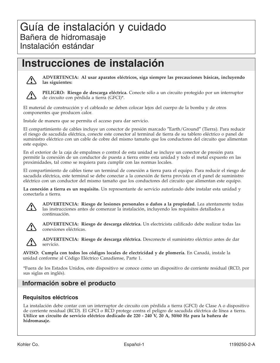 Guía de instalación y cuidado, Instrucciones de instalación, Bañera de hidromasaje instalación estándar | Información sobre el producto | Kohler Bath Whirlpool 1199250-2-A User Manual | Page 35 / 52