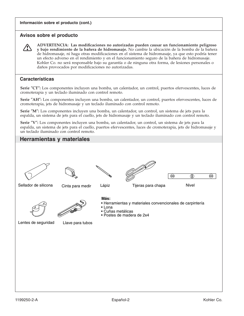 Herramientas y materiales | Kohler Bath Whirlpool 1199250-2-A User Manual | Page 36 / 52
