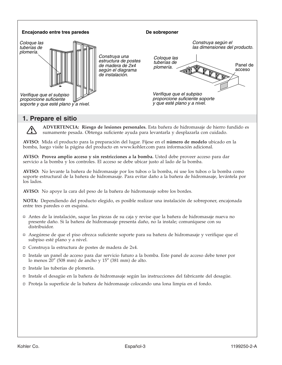 Prepare el sitio | Kohler Bath Whirlpool 1199250-2-A User Manual | Page 37 / 52