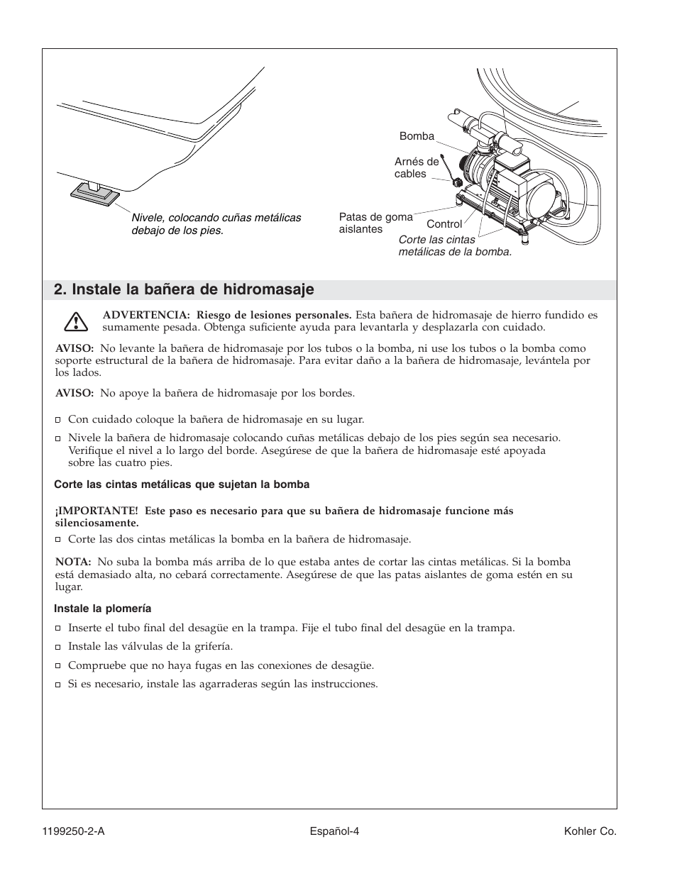 Instale la bañera de hidromasaje | Kohler Bath Whirlpool 1199250-2-A User Manual | Page 38 / 52
