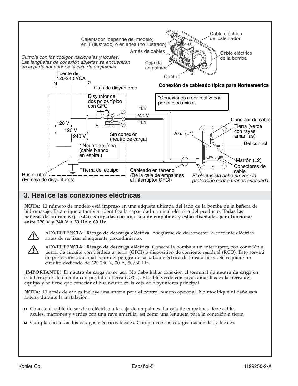 Realice las conexiones eléctricas | Kohler Bath Whirlpool 1199250-2-A User Manual | Page 39 / 52