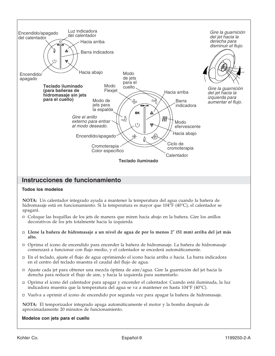 Instrucciones de funcionamiento | Kohler Bath Whirlpool 1199250-2-A User Manual | Page 43 / 52