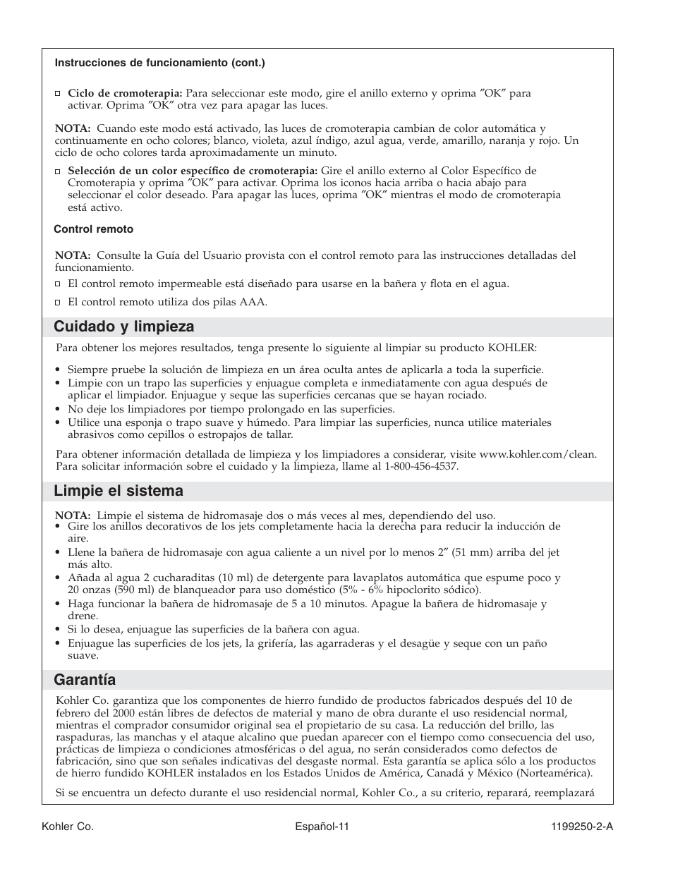 Cuidado y limpieza, Limpie el sistema, Garantía | Kohler Bath Whirlpool 1199250-2-A User Manual | Page 45 / 52