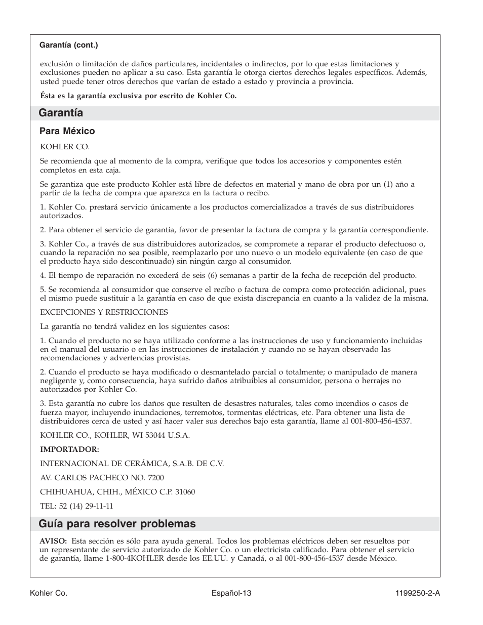 Garantía, Guía para resolver problemas | Kohler Bath Whirlpool 1199250-2-A User Manual | Page 47 / 52