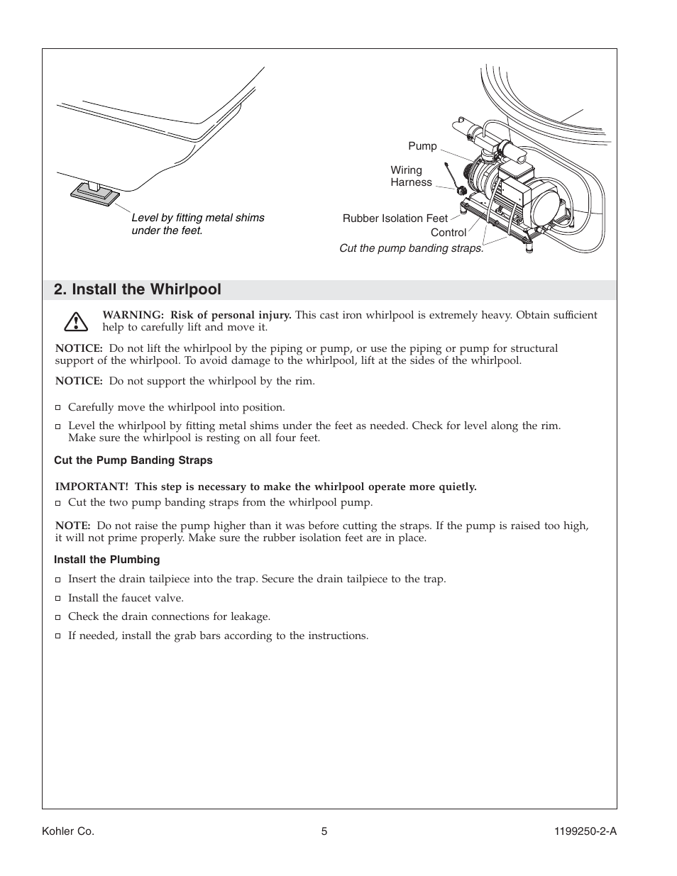 Install the whirlpool | Kohler Bath Whirlpool 1199250-2-A User Manual | Page 5 / 52