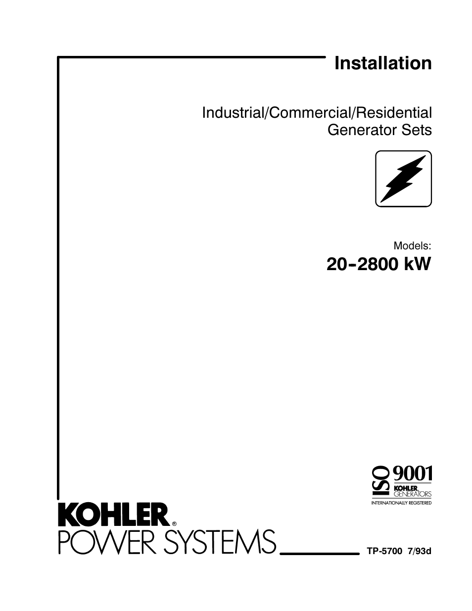 Kohler Generator Sets 20--2800 kW User Manual | 56 pages