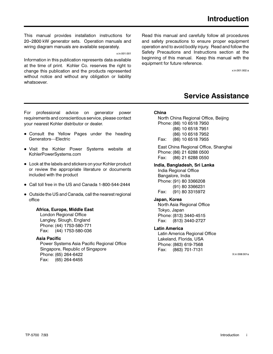 Introduction, Service assistance | Kohler Generator Sets 20--2800 kW User Manual | Page 11 / 56