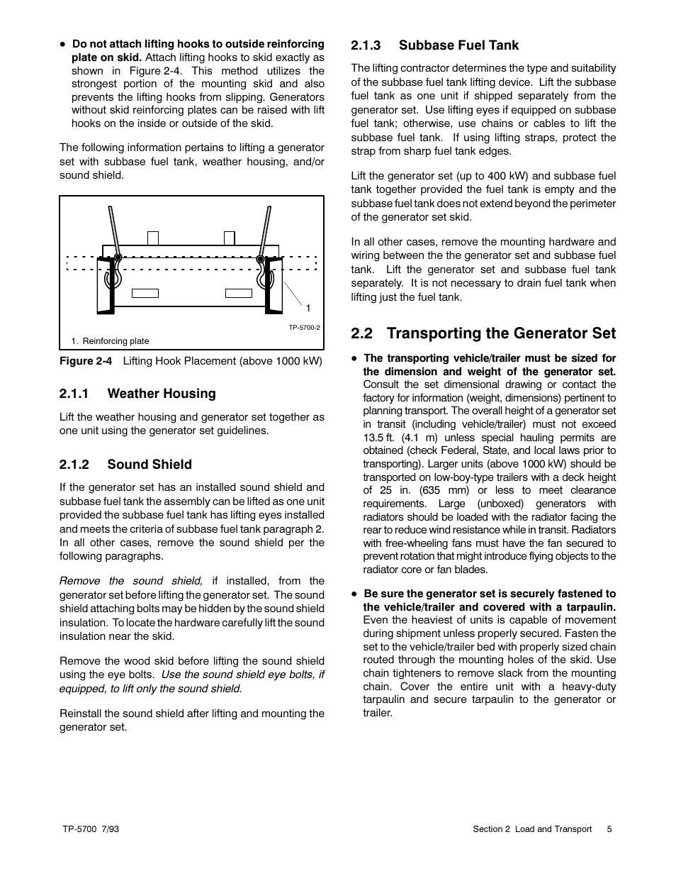 2 transporting the generator set | Kohler Generator Sets 20--2800 kW User Manual | Page 17 / 56