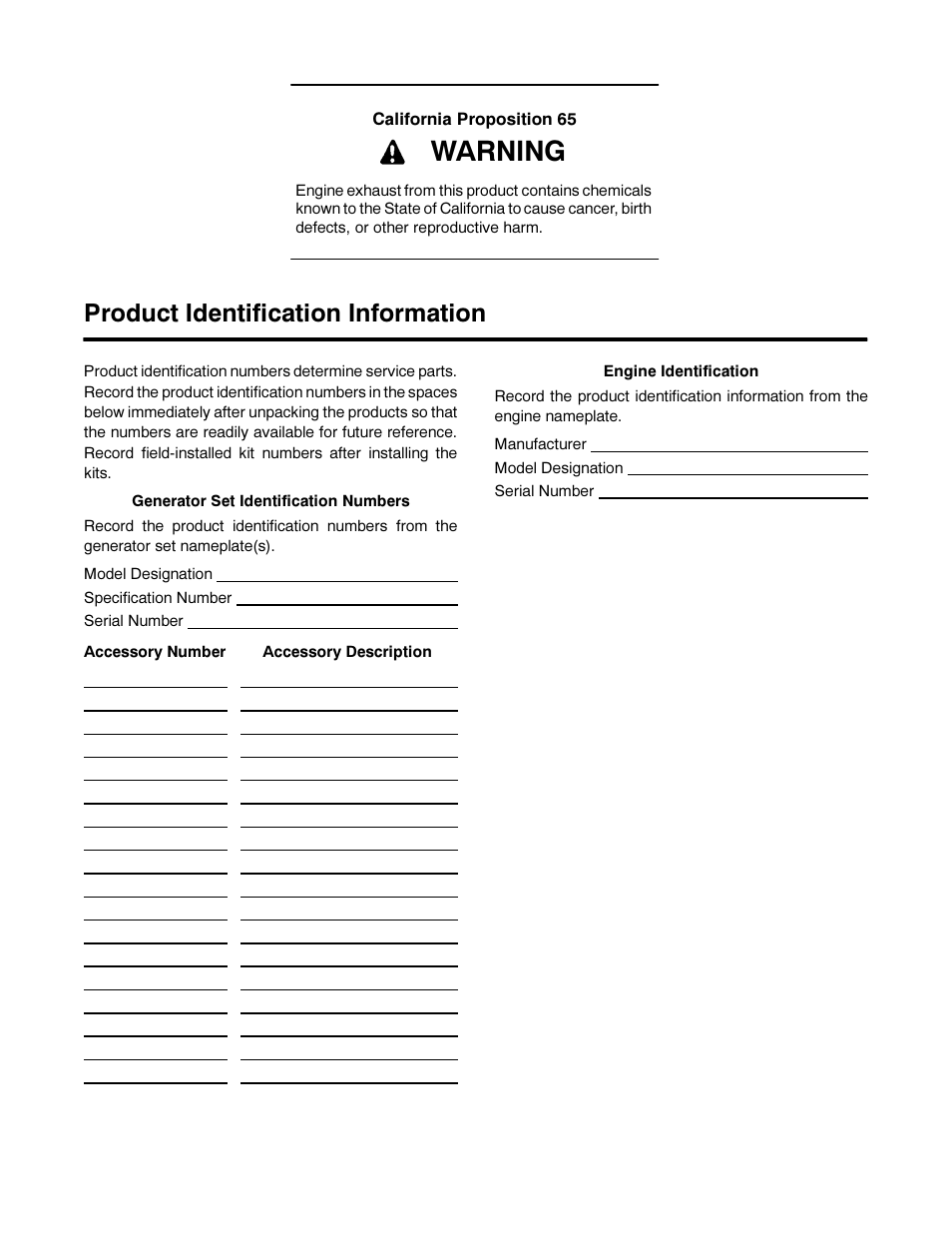 Warning, Product identification information | Kohler Generator Sets 20--2800 kW User Manual | Page 2 / 56