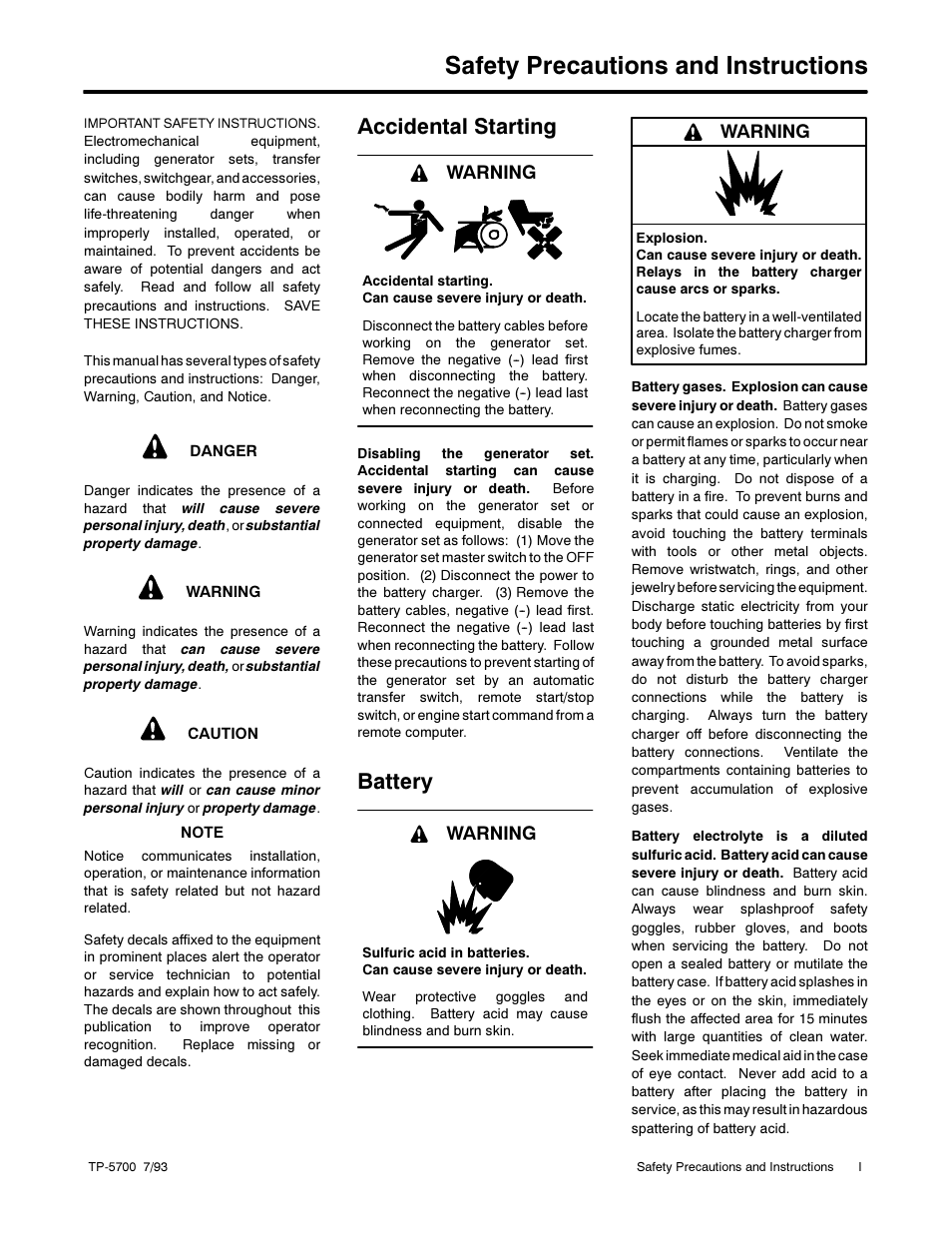 Safety precautions and instructions, Accidental starting, Battery | Warning | Kohler Generator Sets 20--2800 kW User Manual | Page 5 / 56