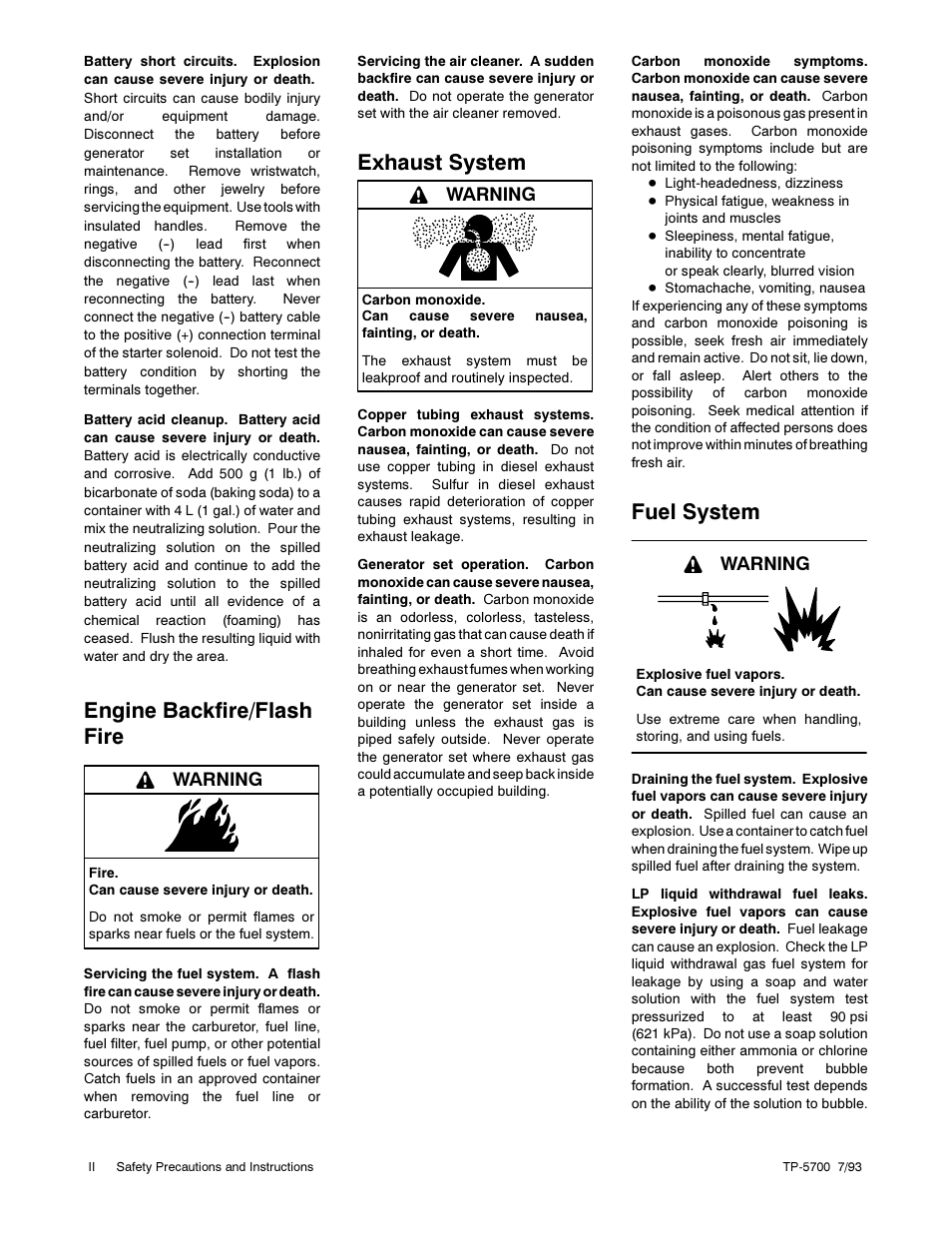 Engine backfire/flash fire, Exhaust system, Fuel system | Warning | Kohler Generator Sets 20--2800 kW User Manual | Page 6 / 56