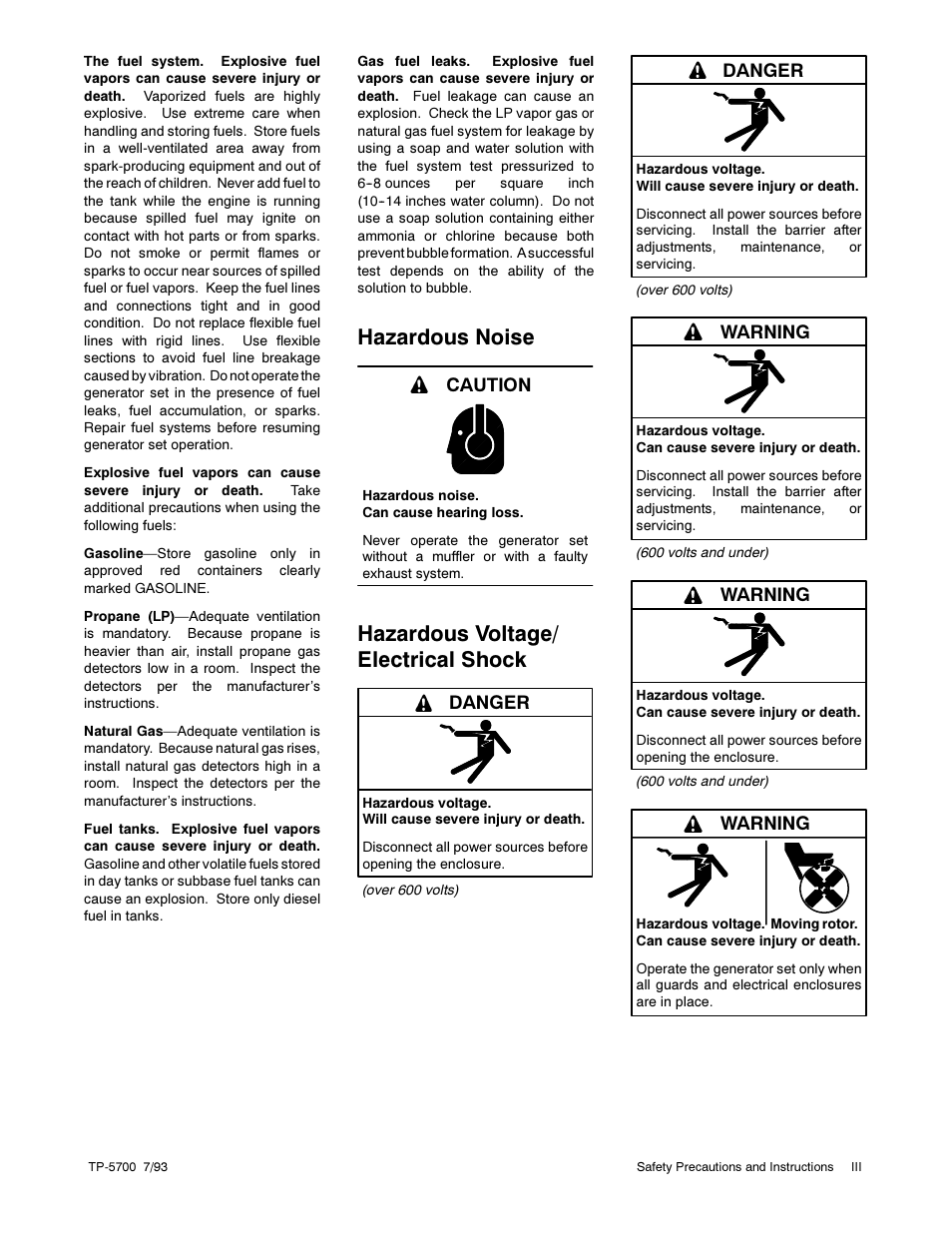 Hazardous noise, Hazardous voltage/ electrical shock, Caution | Danger, Warning | Kohler Generator Sets 20--2800 kW User Manual | Page 7 / 56