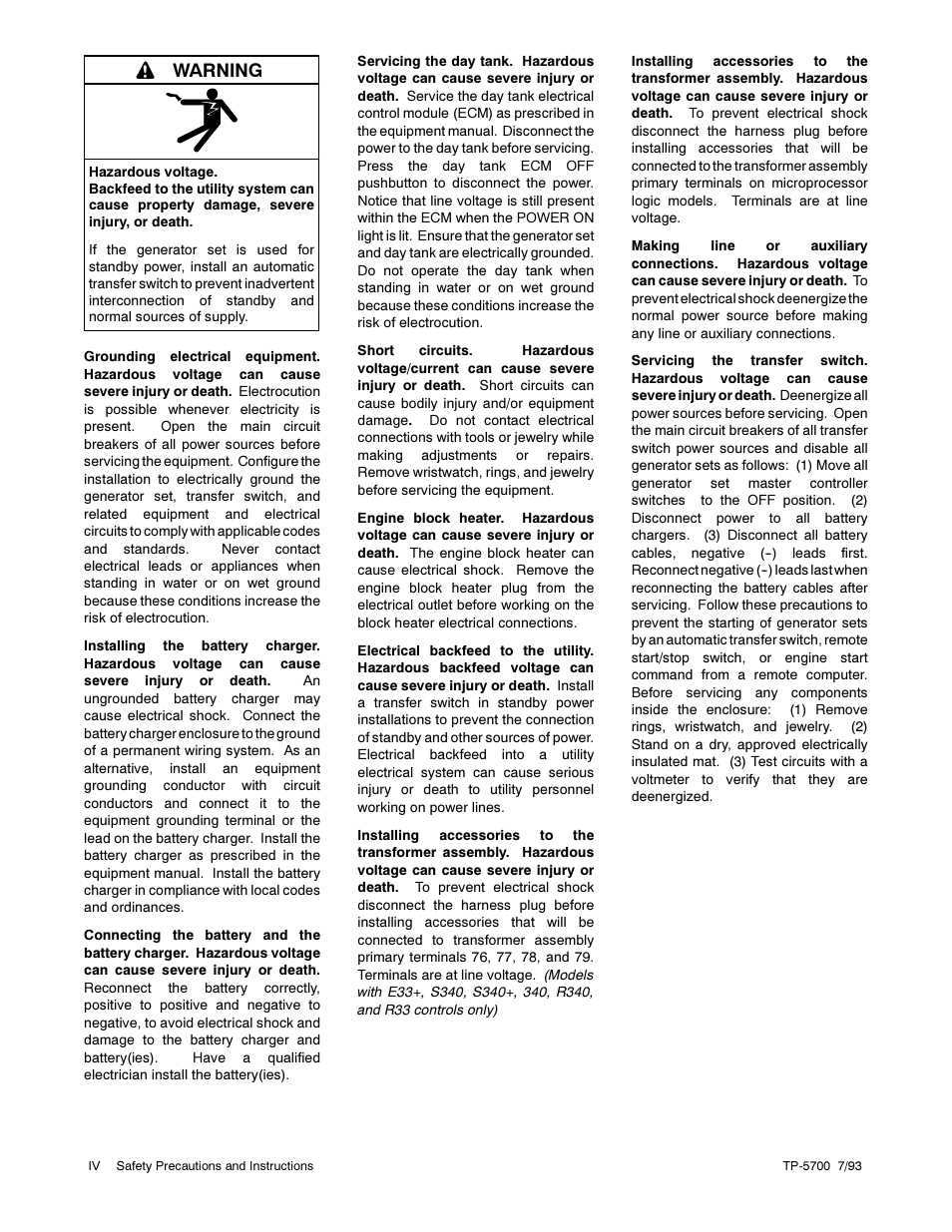 Warning | Kohler Generator Sets 20--2800 kW User Manual | Page 8 / 56
