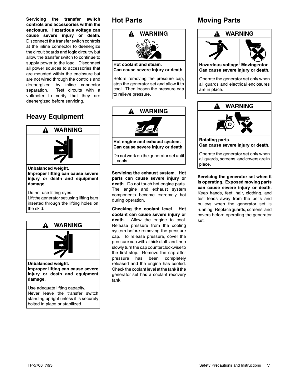Heavy equipment, Hot parts, Moving parts | Kohler Generator Sets 20--2800 kW User Manual | Page 9 / 56