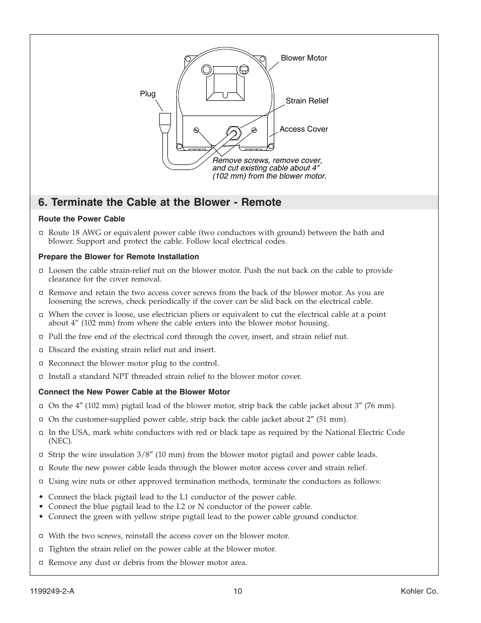Terminate the cable at the blower - remote | Kohler Bath with Airjets 1199249-2-A User Manual | Page 10 / 64