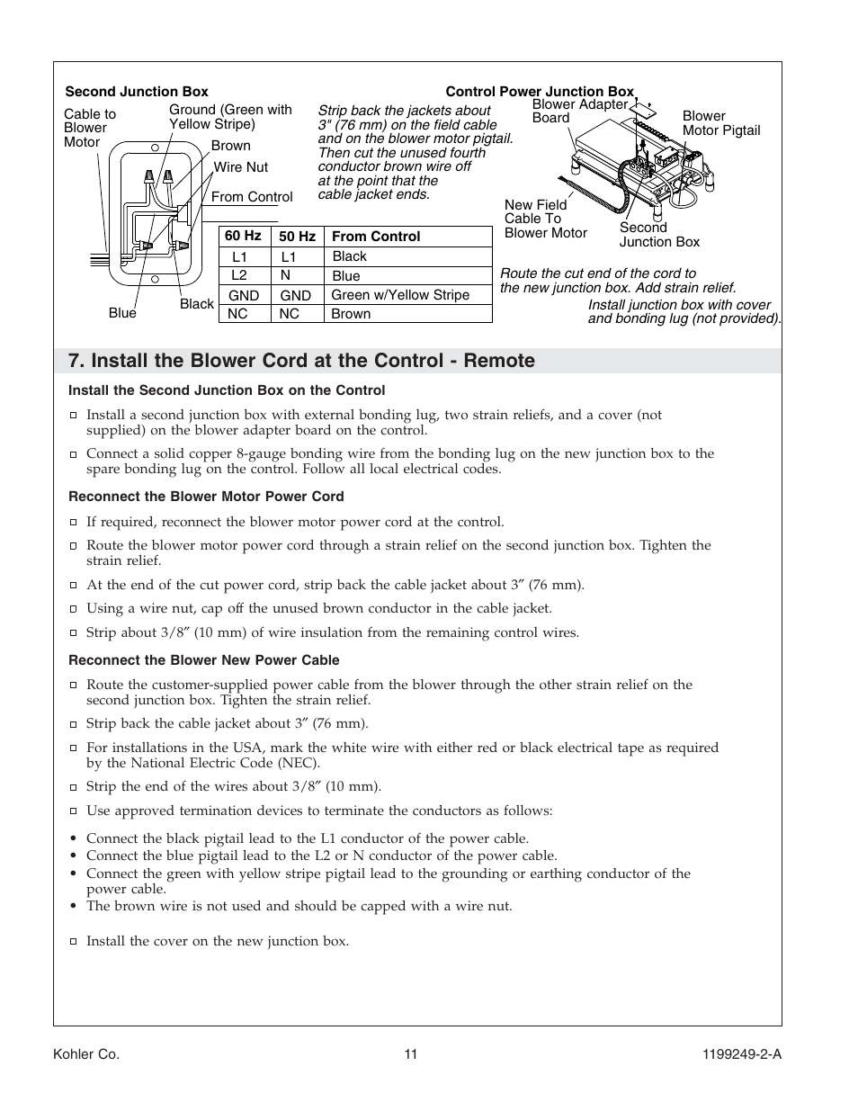 Install the blower cord at the control - remote | Kohler Bath with Airjets 1199249-2-A User Manual | Page 11 / 64