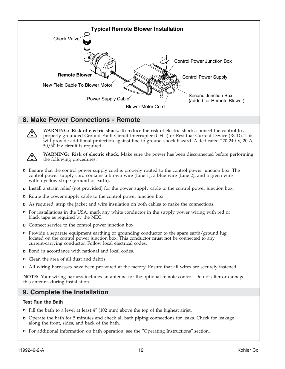 Make power connections - remote, Complete the installation | Kohler Bath with Airjets 1199249-2-A User Manual | Page 12 / 64