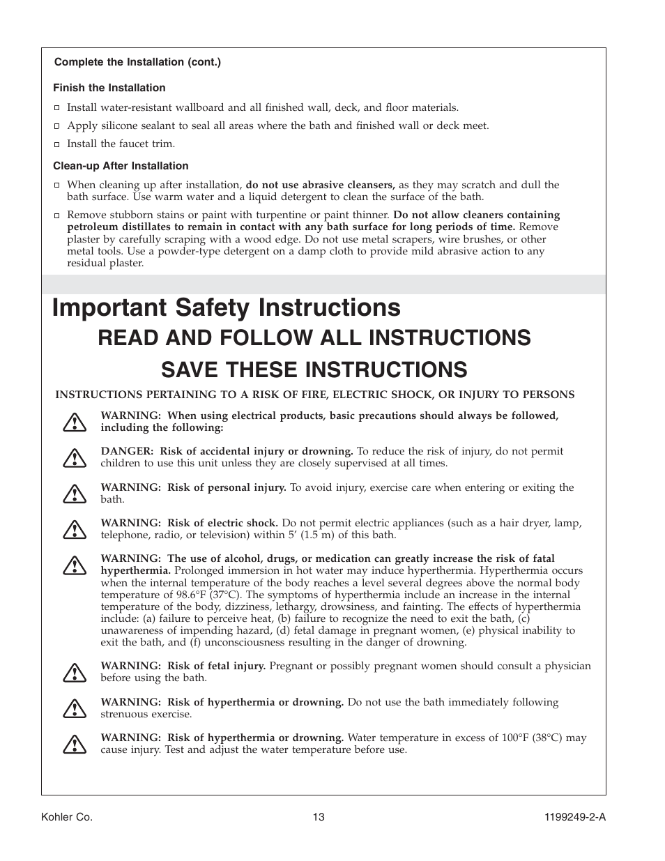 Important safety instructions | Kohler Bath with Airjets 1199249-2-A User Manual | Page 13 / 64