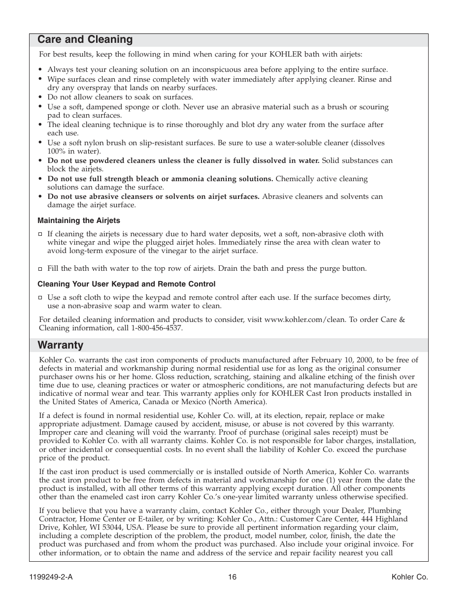 Care and cleaning, Warranty | Kohler Bath with Airjets 1199249-2-A User Manual | Page 16 / 64