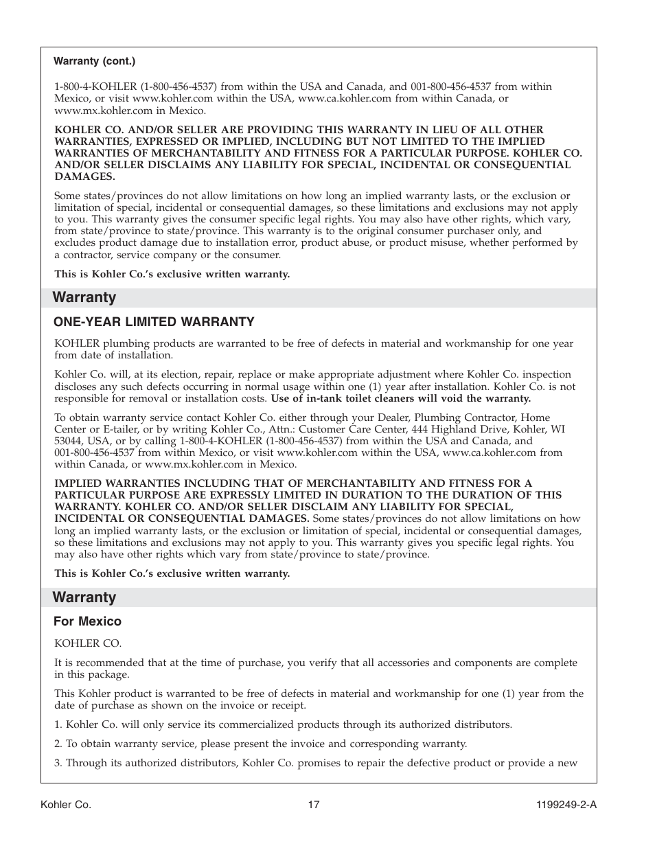 Warranty | Kohler Bath with Airjets 1199249-2-A User Manual | Page 17 / 64