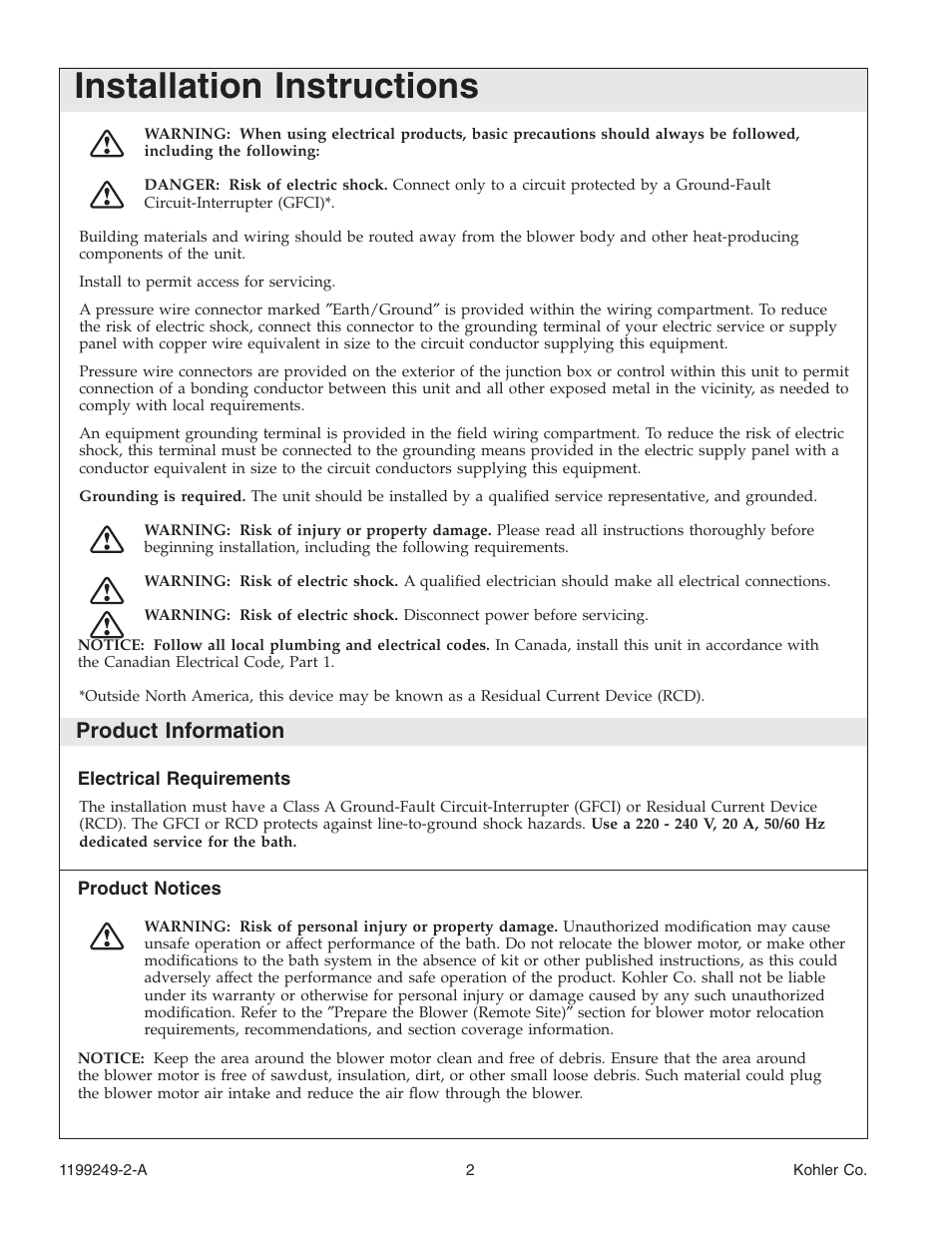 Installation instructions, Product information | Kohler Bath with Airjets 1199249-2-A User Manual | Page 2 / 64