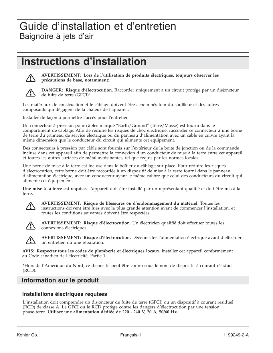 Guide d’installation et d’entretien, Instructions d’installation, Baignoire à jets d’air | Information sur le produit | Kohler Bath with Airjets 1199249-2-A User Manual | Page 21 / 64