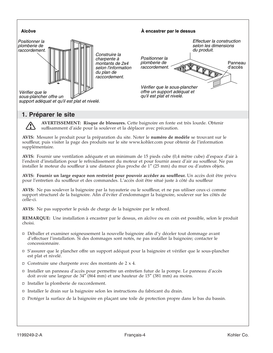 Préparer le site | Kohler Bath with Airjets 1199249-2-A User Manual | Page 24 / 64