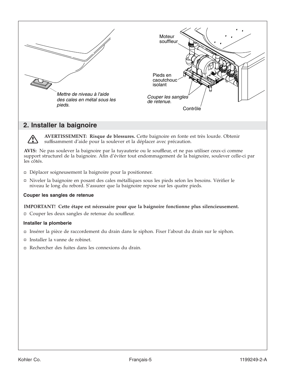 Installer la baignoire | Kohler Bath with Airjets 1199249-2-A User Manual | Page 25 / 64